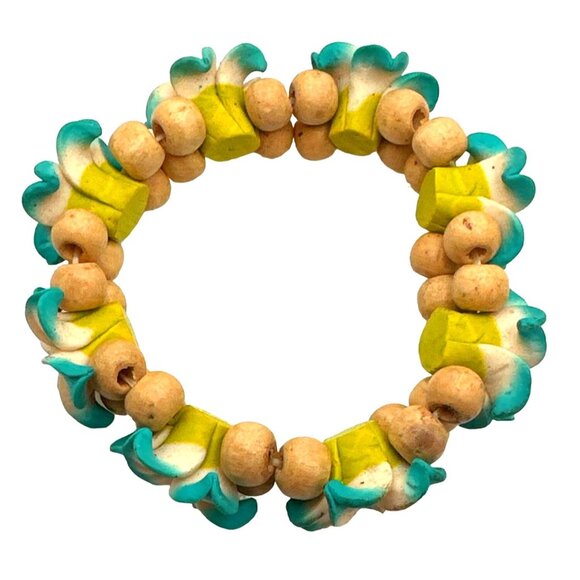 Hawaiian Blue Plumeria Flower Stretch Bracelet Handmade Fimo Wood Beads Aloha - Picture 4 of 7